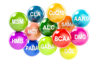 Colorful spheres displaying supplement and amino acid abbreviations including BCAA, GABA, CoQ10, and others for fitness and wellness reference