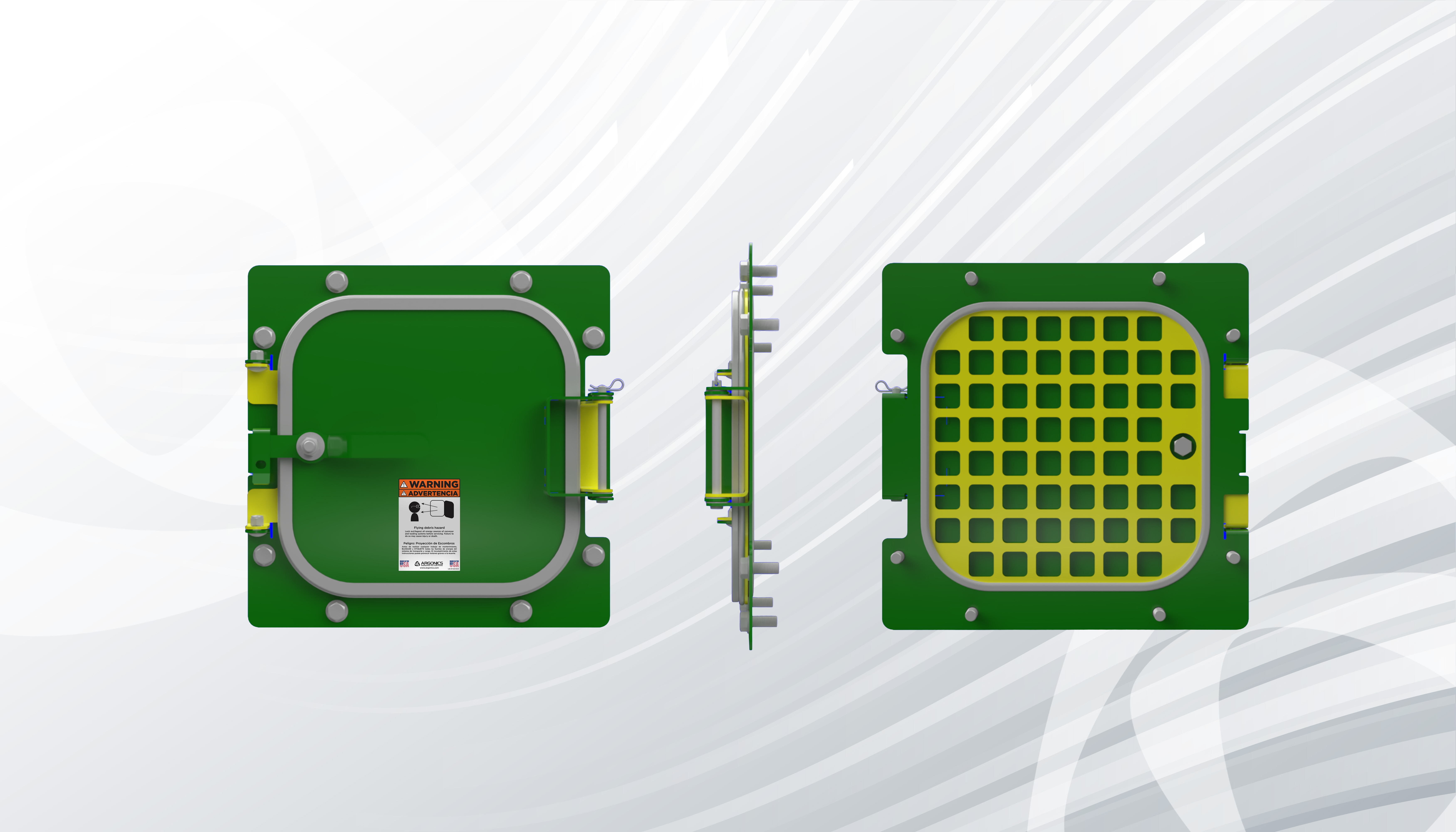 LED module or semiconductor component showing green PCB with yellow grid pattern and metallic connectors from front and side views