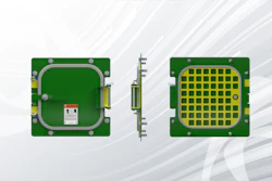 LED module or semiconductor component showing green PCB with yellow grid pattern and metallic connectors from front and side views
