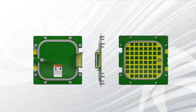 LED module or semiconductor component showing green PCB with yellow grid pattern and metallic connectors from front and side views