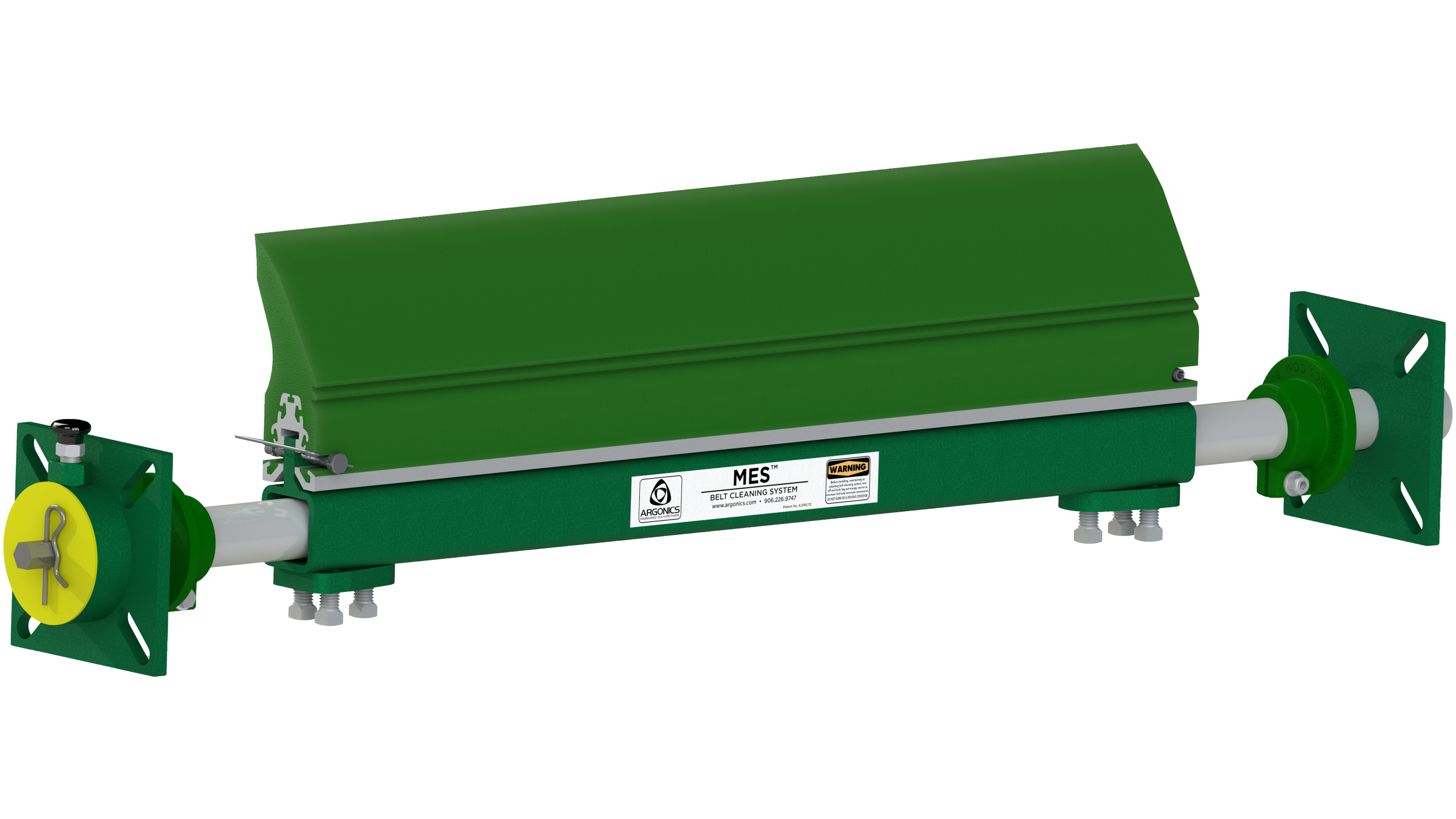 Green industrial conveyor belt system with yellow pulley and gray frame components