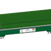 Green industrial conveyor belt system with yellow pulley and gray frame components