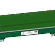 Green industrial conveyor belt system with yellow pulley and gray frame components