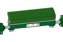 Green industrial conveyor belt system with yellow pulley and gray frame components