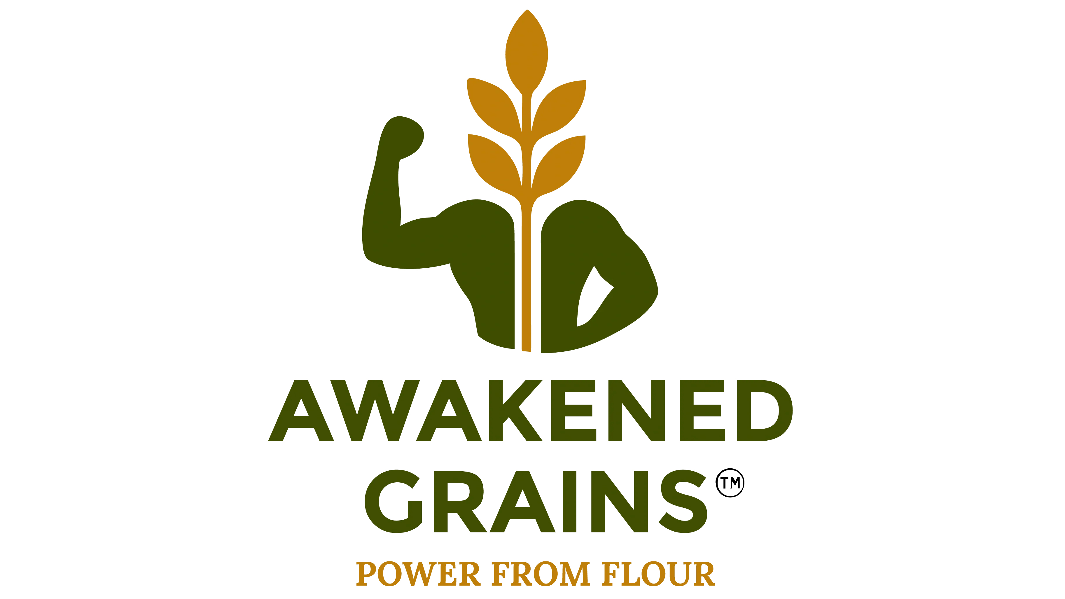 Awakened Grains logo featuring a flexed bicep with wheat grain, dark green and gold colors, tagline 'Power from Flour'