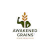 Awakened Grains logo featuring a flexed bicep with wheat grain, dark green and gold colors, tagline 'Power from Flour'