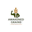 Awakened Grains logo featuring a flexed bicep with wheat grain, dark green and gold colors, tagline 'Power from Flour'