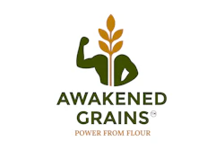 Awakened Grains logo featuring a flexed bicep with wheat grain, dark green and gold colors, tagline 'Power from Flour'