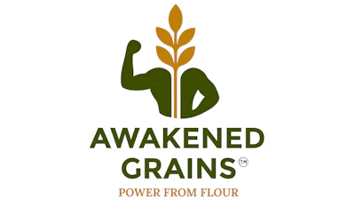 Awakened Grains logo featuring a flexed bicep with wheat grain, dark green and gold colors, tagline 'Power from Flour'
