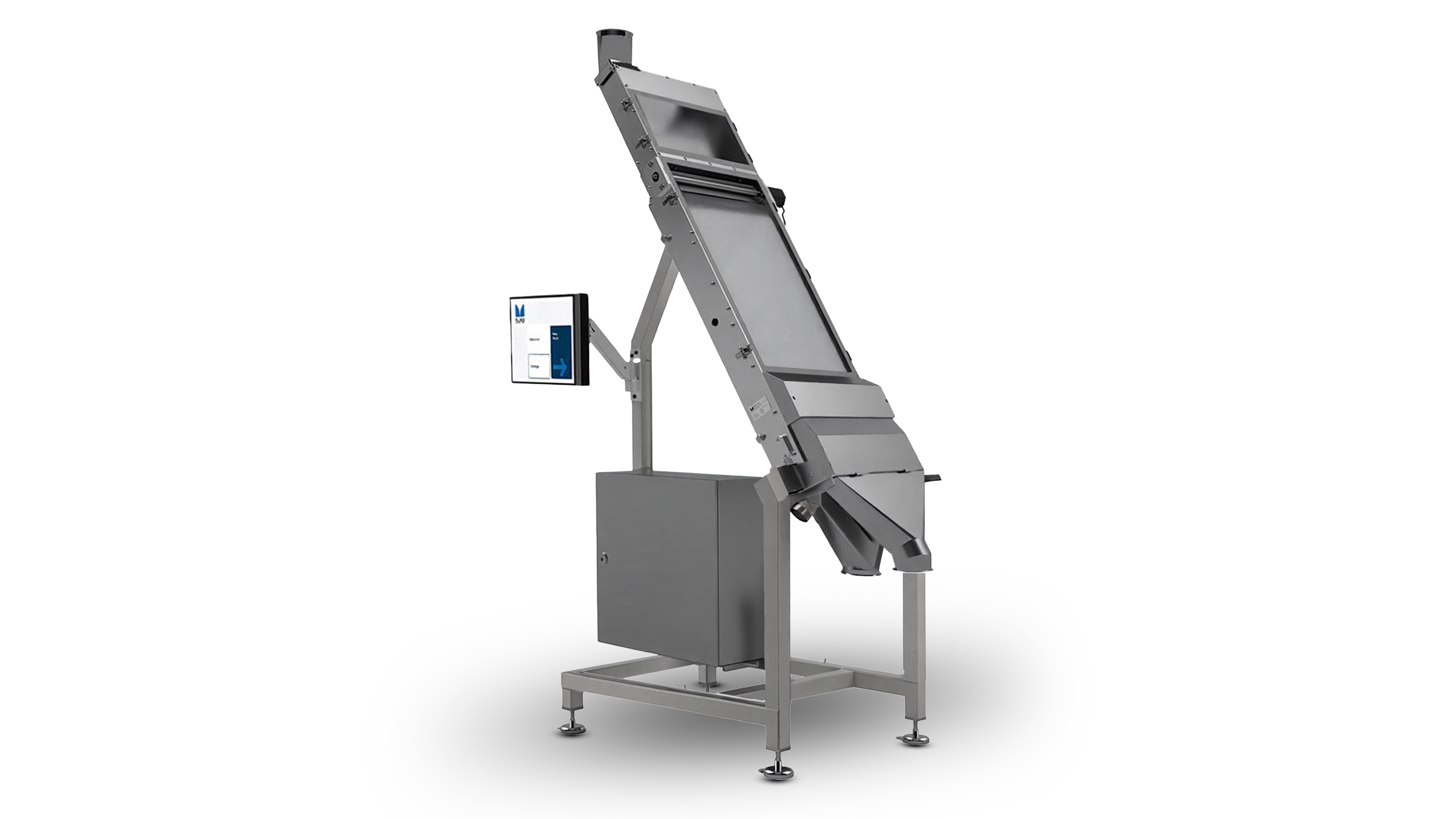 Industrial inclined conveyor system with control panel and metal frame structure