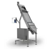 Industrial inclined conveyor system with control panel and metal frame structure