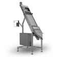 Industrial inclined conveyor system with control panel and metal frame structure