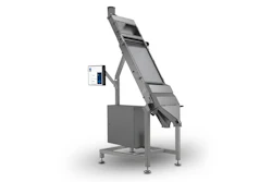 Industrial inclined conveyor system with control panel and metal frame structure