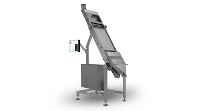 Industrial inclined conveyor system with control panel and metal frame structure