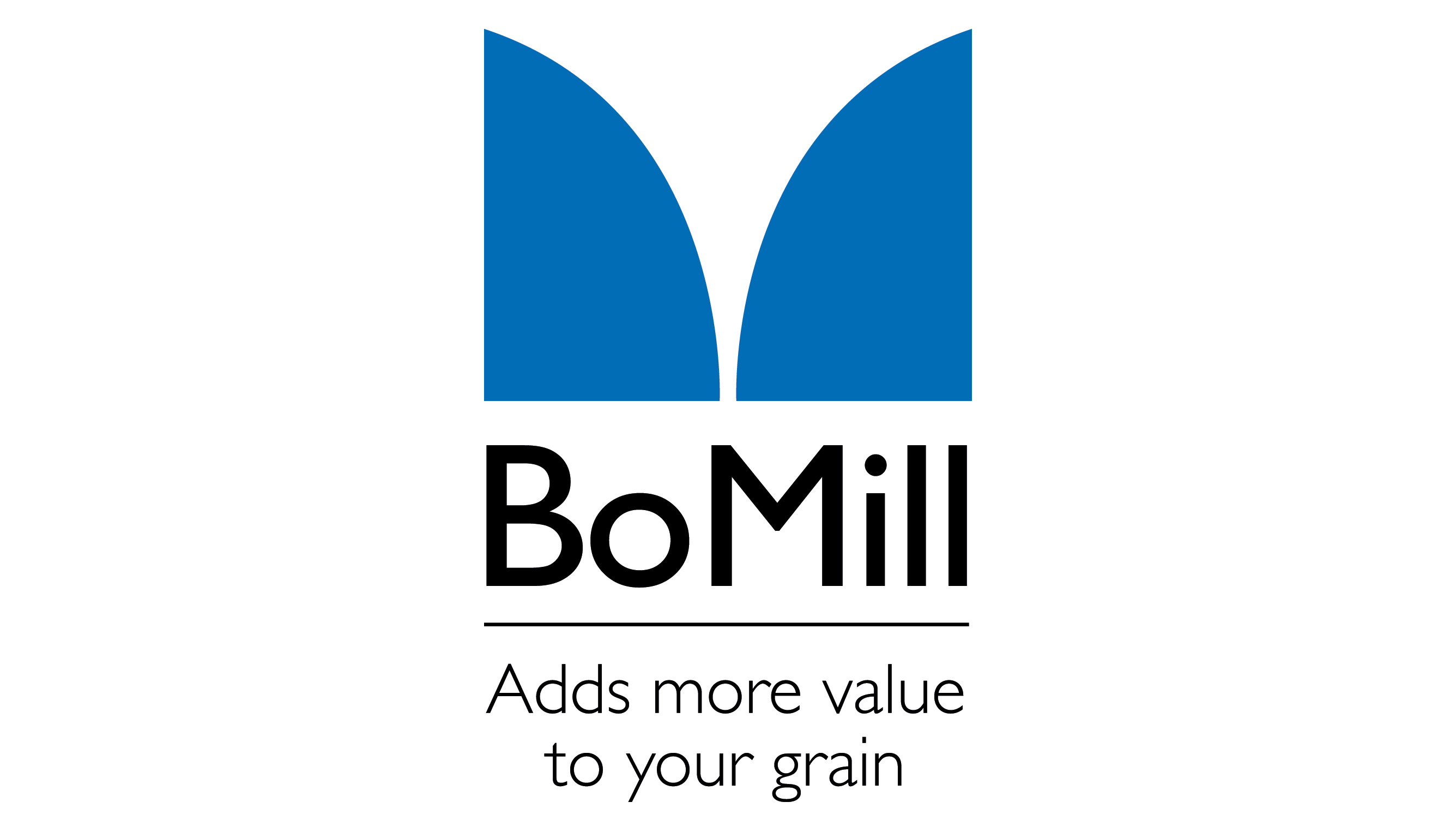 BoMill logo with blue curved symbol and tagline 'Adds more value to your grain'