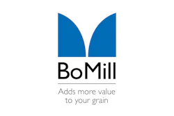 BoMill logo with blue curved symbol and tagline 'Adds more value to your grain'