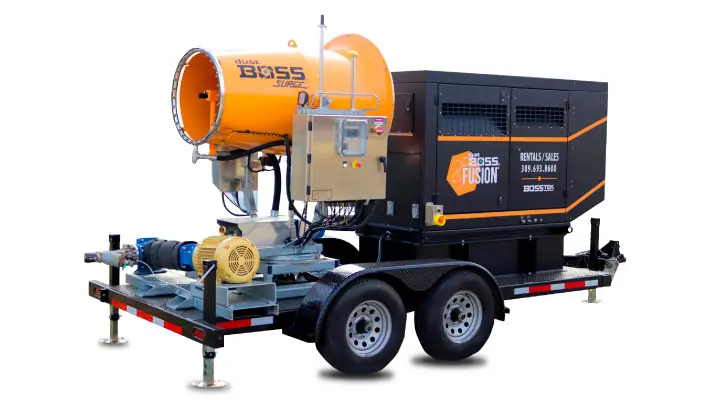 Boss Fusion mobile dust collector and concrete pump unit on dual-axle trailer with orange and black branding