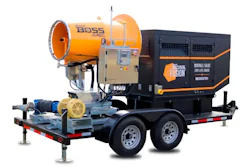 Boss Fusion mobile dust collector and concrete pump unit on dual-axle trailer with orange and black branding