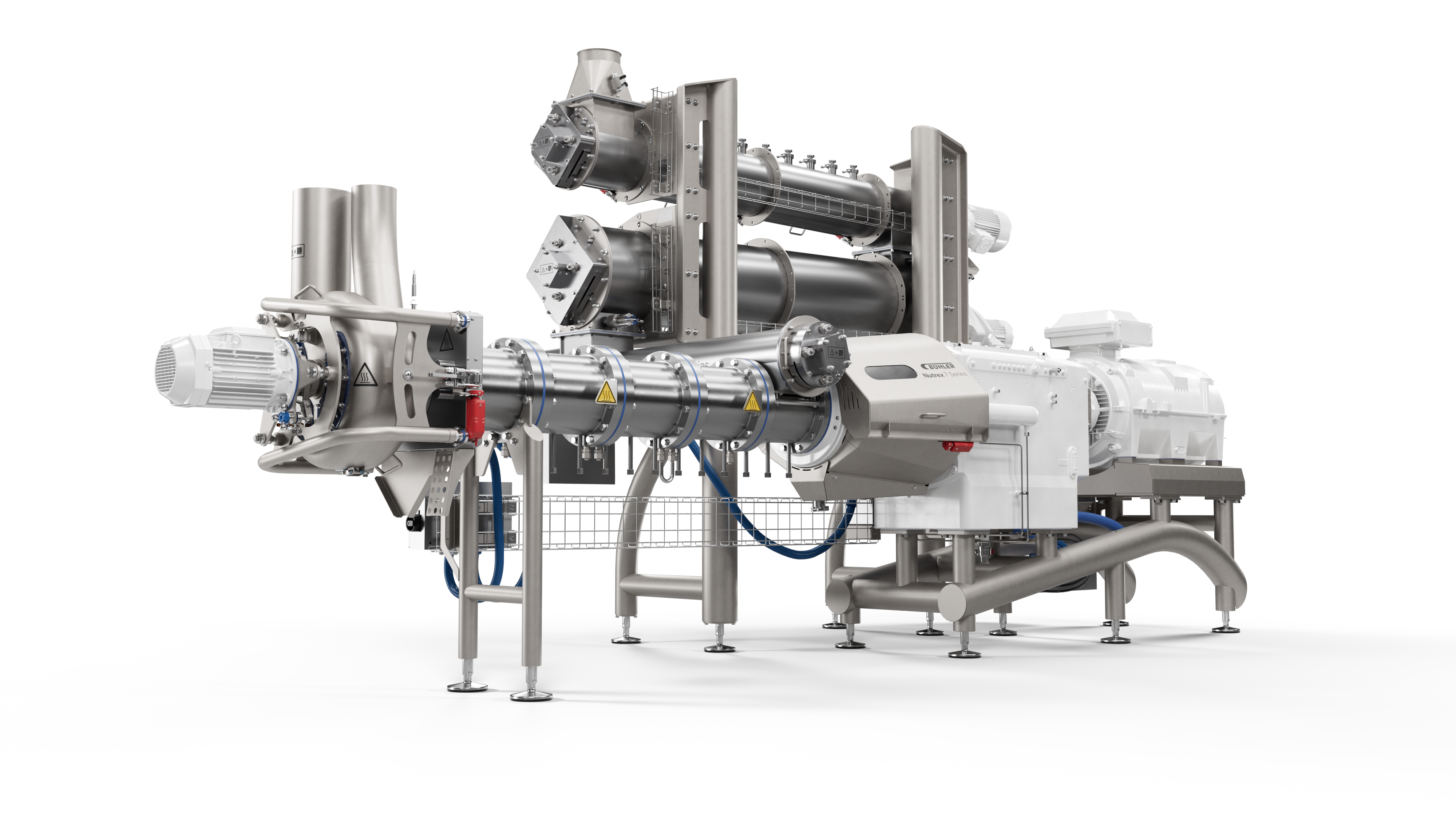 Industrial twin-screw extruder processing machine with motors and control systems on white background