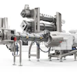 Industrial twin-screw extruder processing machine with motors and control systems on white background