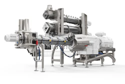 Industrial twin-screw extruder processing machine with motors and control systems on white background