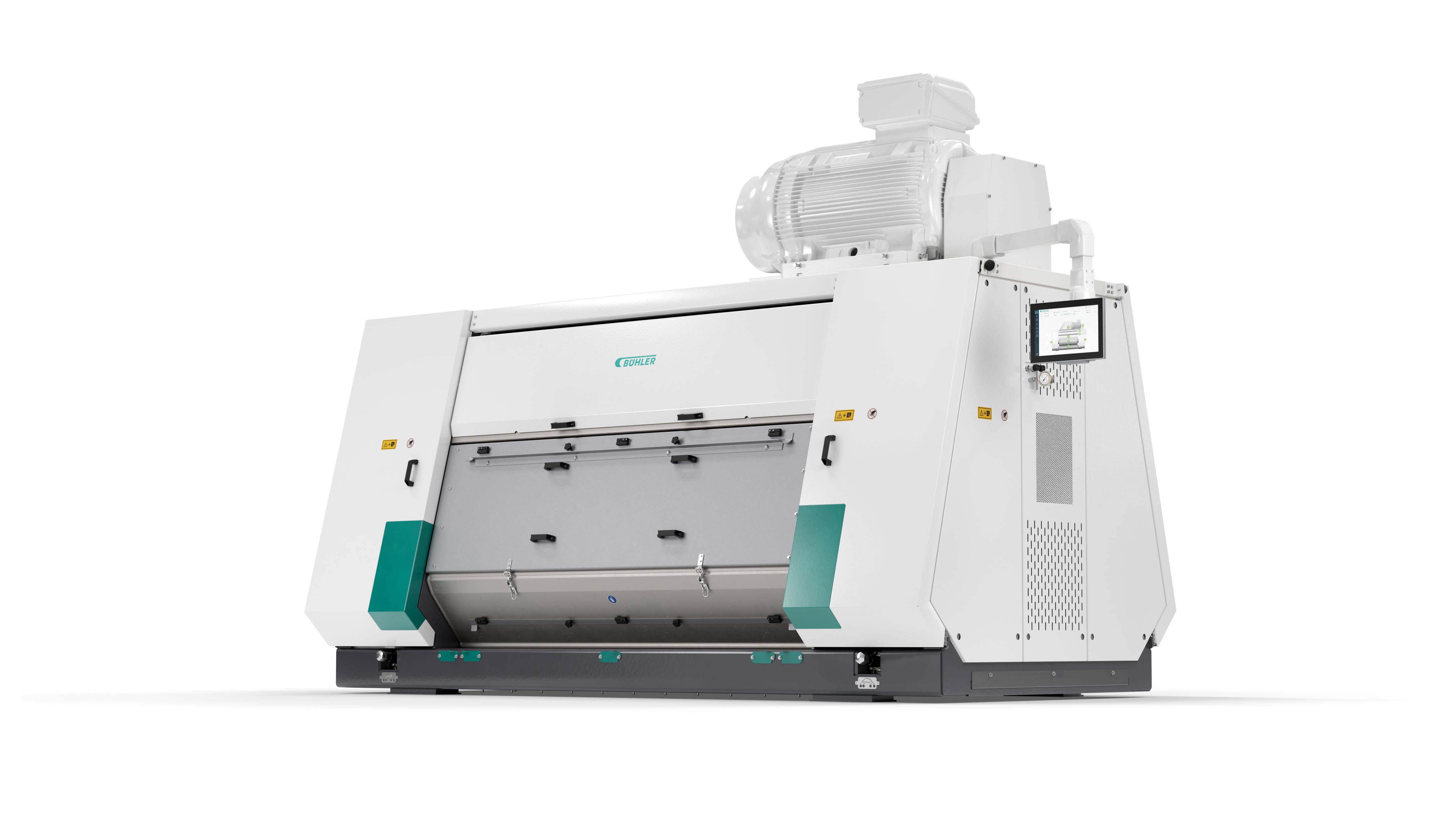 Industrial flour mill machine with white housing, teal accents, motor, and digital control panel