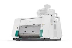 Industrial flour mill machine with white housing, teal accents, motor, and digital control panel