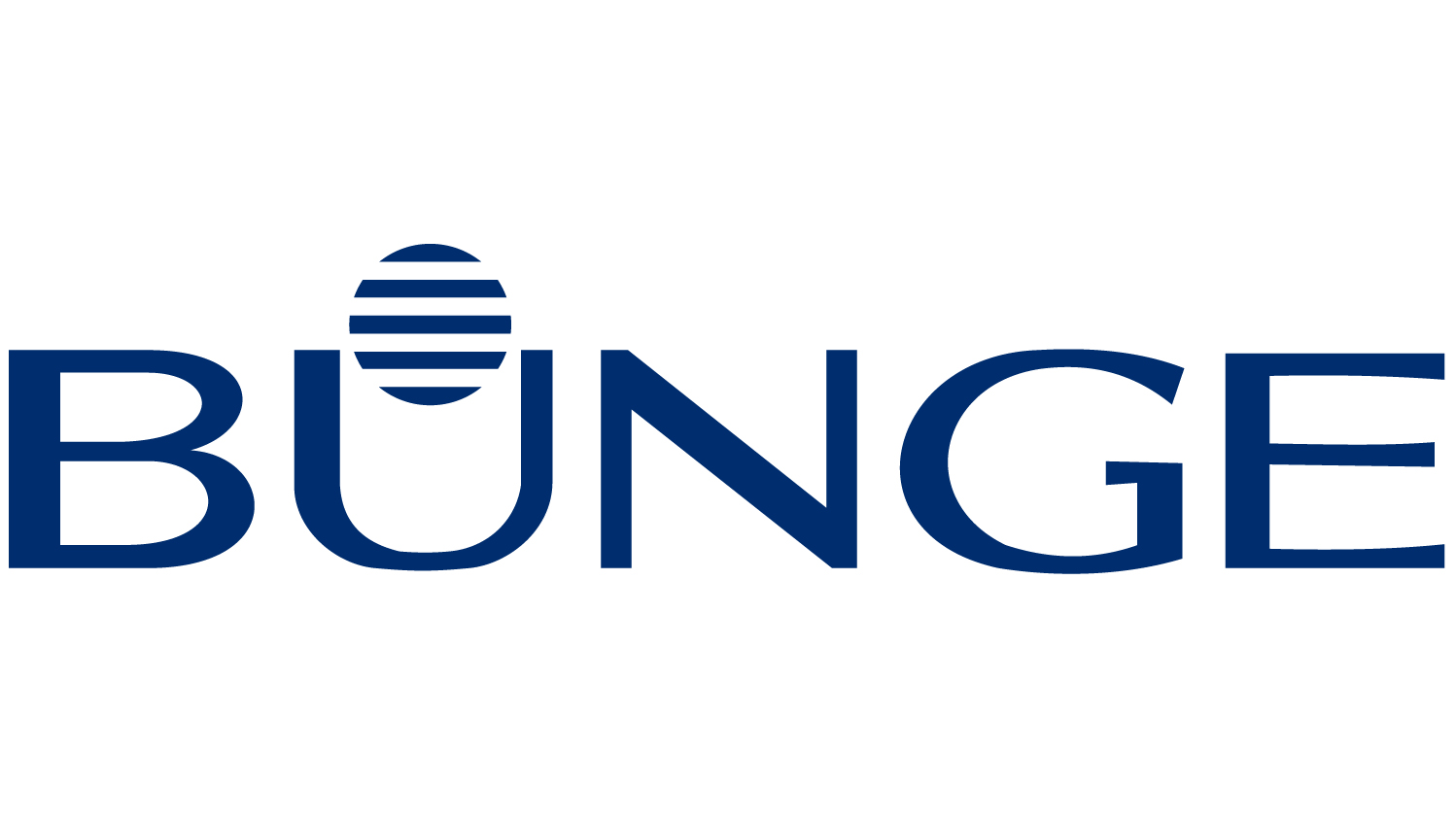 Bunge company logo with navy blue text and striped circular icon