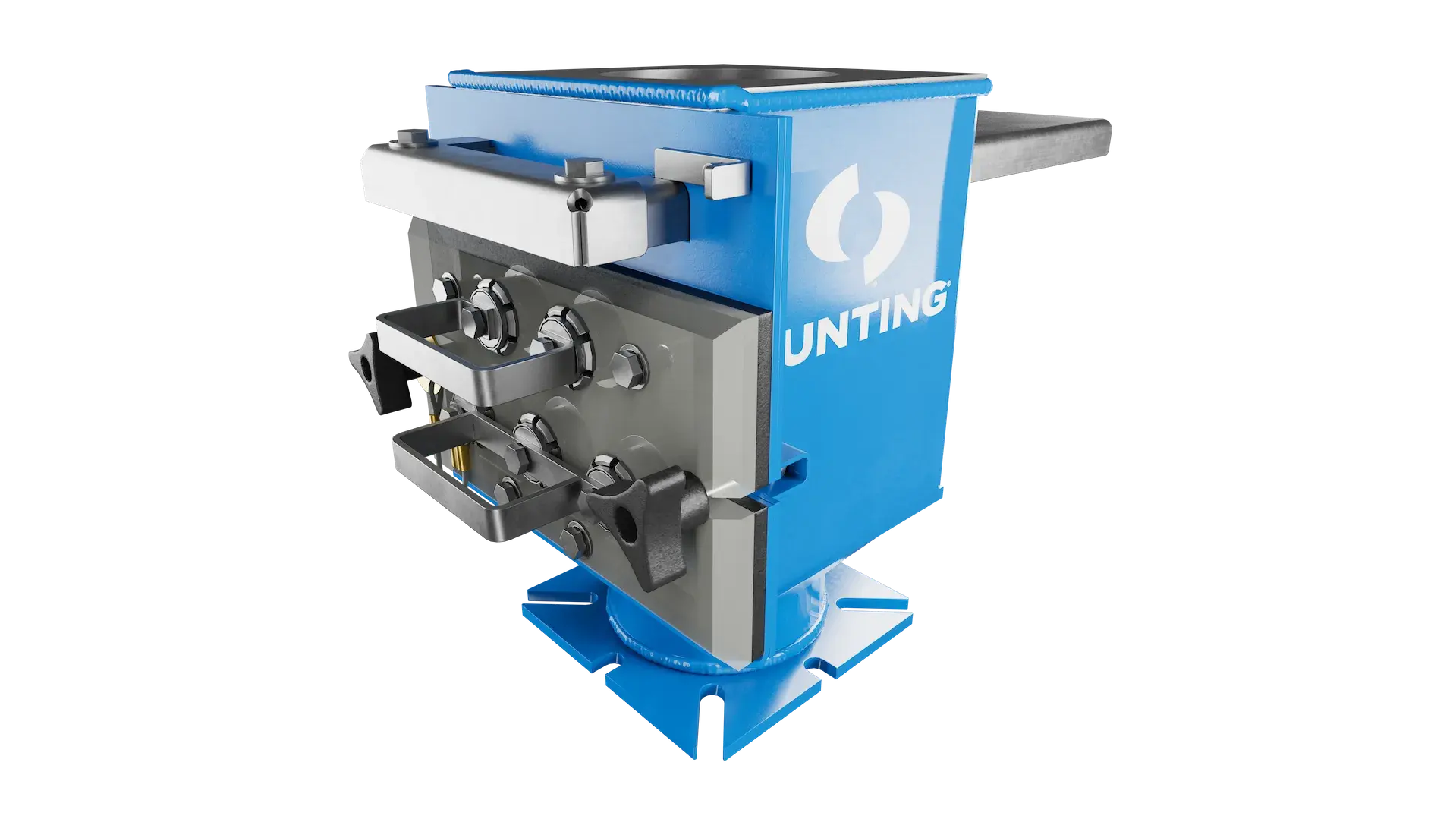 Blue industrial hydraulic press machine with gray mechanical components and Bunting branding