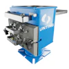 Blue industrial hydraulic press machine with gray mechanical components and Bunting branding