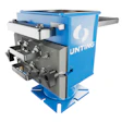 Blue industrial hydraulic press machine with gray mechanical components and Bunting branding