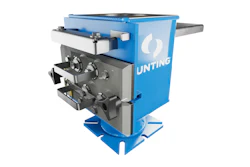 Blue industrial hydraulic press machine with gray mechanical components and Bunting branding