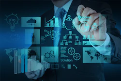 Businessman drawing digital business strategy with analytics charts, network diagrams, and global connectivity icons on blue interface