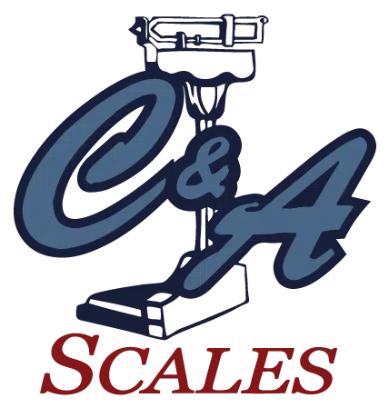 C&A Scales logo featuring stylized weighing scale with navy blue lettering and maroon text