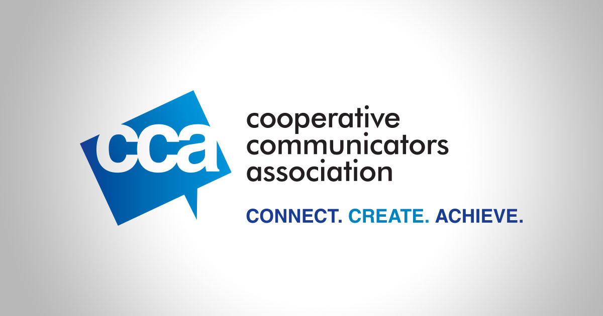 Cooperative Communicators Association logo featuring blue speech bubble with 'cca' text and tagline 'Connect. Create. Achieve.'