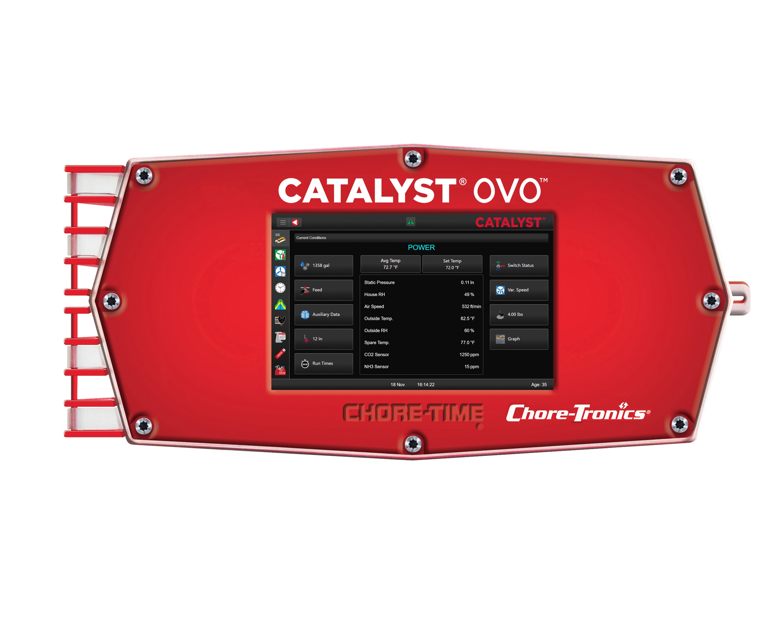 Catalyst OVO red control device with touchscreen display and Chore-Tronics branding showing power management interface