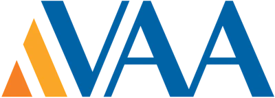 VAA logo featuring blue letters with orange and gold triangular accent marks