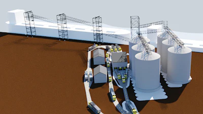 Underground industrial facility with storage tanks, conveyor systems, and structural framework