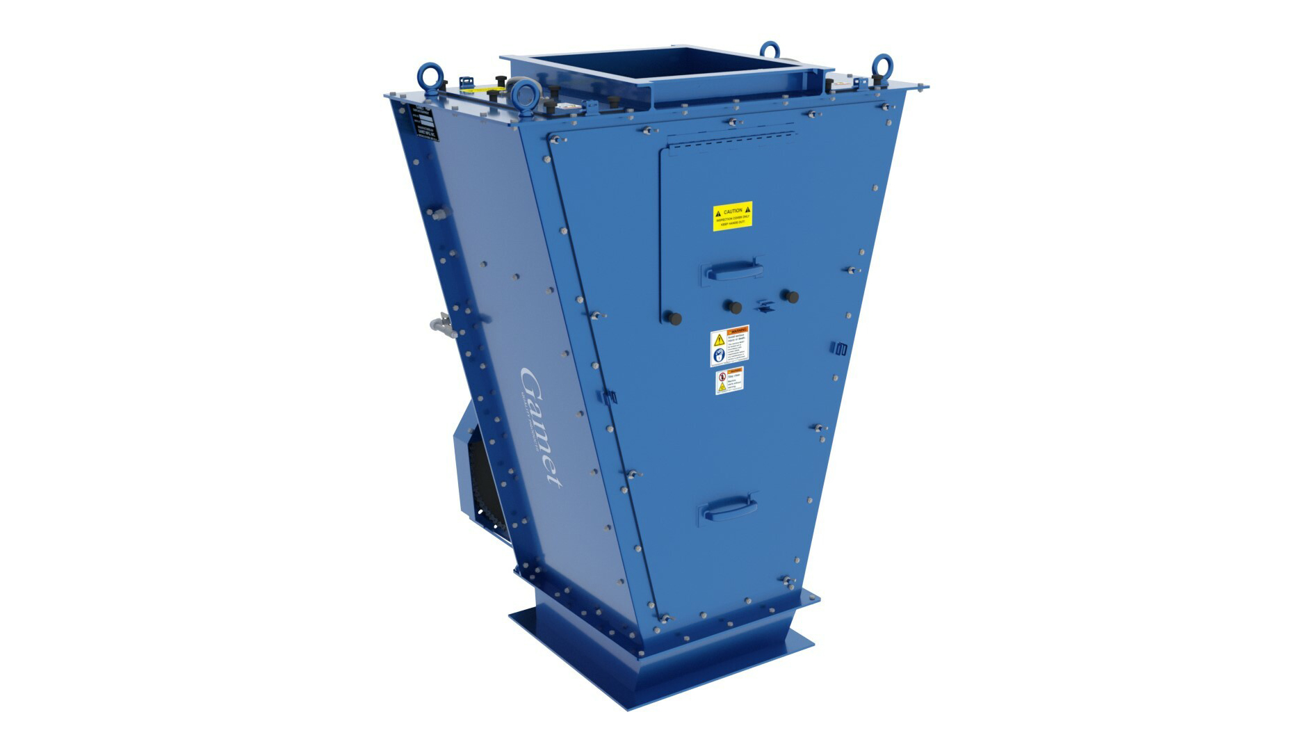 Blue industrial waste compactor or recycling container with metal construction and lifting lugs