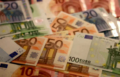 Scattered Euro banknotes in various denominations including €10, €20, €50, and €100 notes displayed on a surface