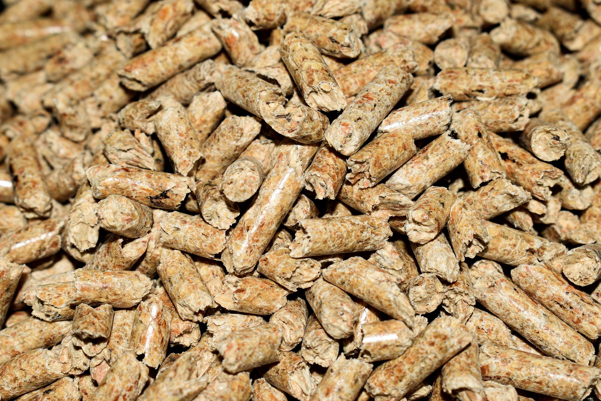 Close-up of tan and brown wood pellets or biomass fuel material with natural texture