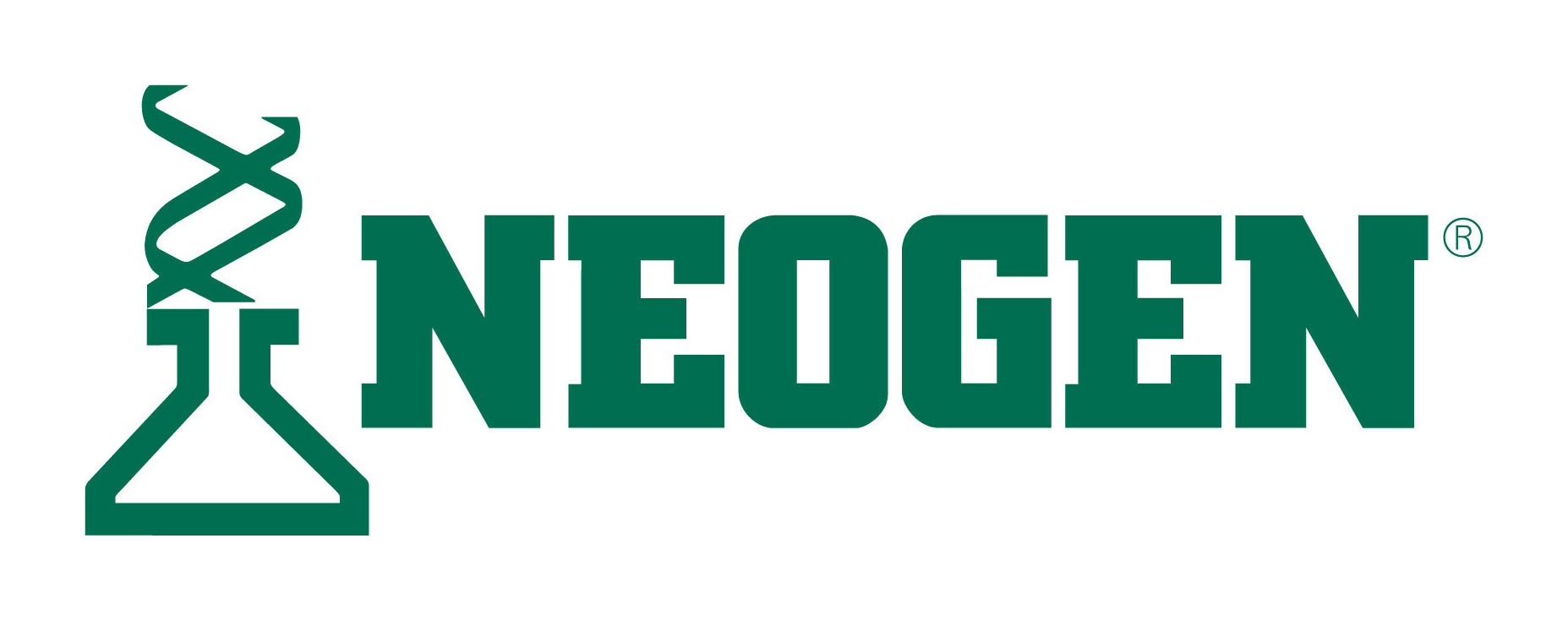 NEOGEN logo featuring a teal DNA helix and flask symbol with bold wordmark text