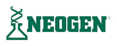 NEOGEN logo featuring a teal DNA helix and flask symbol with bold wordmark text