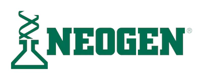 NEOGEN logo featuring a teal DNA helix and flask symbol with bold wordmark text