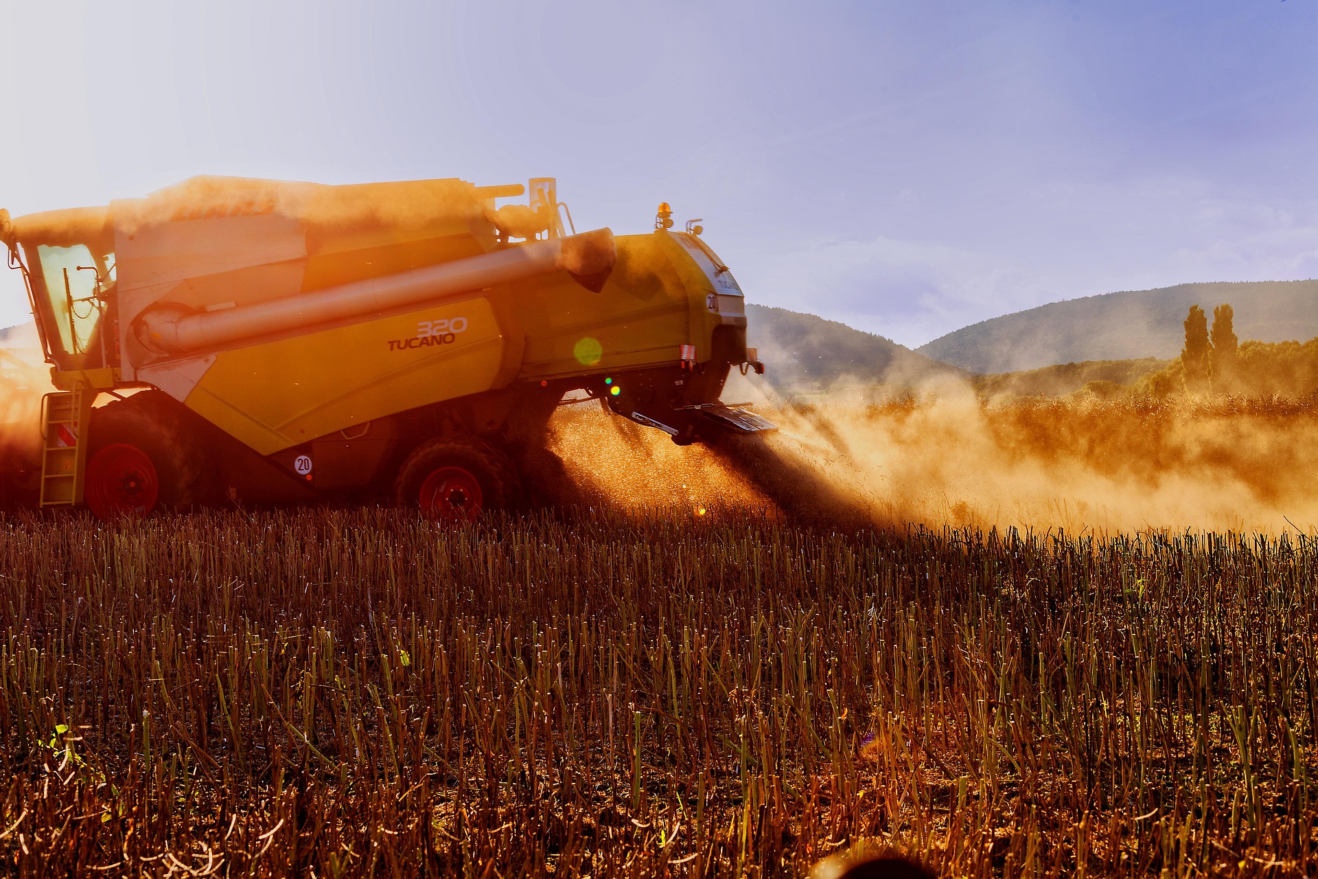 Orange combine harvester harvesting grain in a dusty field with mountains in the background