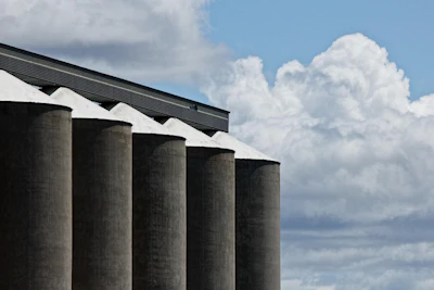 Five cylindrical grain storage silos with metal roof against blue sky and white clouds
