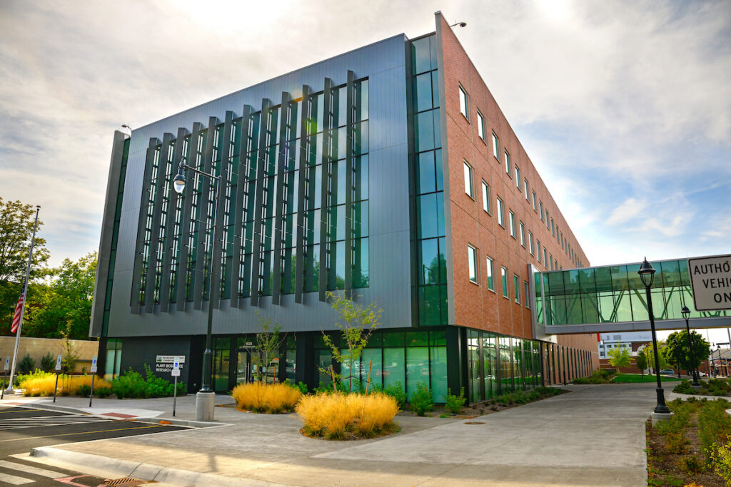 Modern mixed-use building with red brick and glass facade, green architectural accents, and landscaped plaza with yellow ornamental grasses