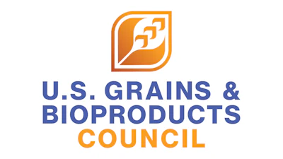 U.S. Grains & Bioproducts Council logo with orange feather symbol and navy blue text