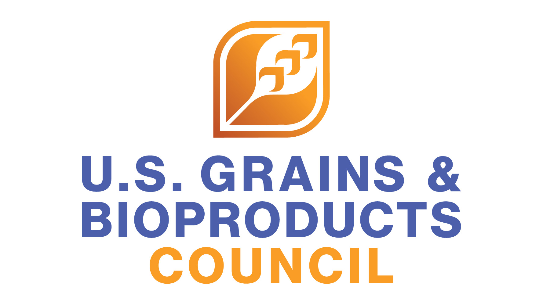 U.S. Grains & Bioproducts Council logo with orange feather icon and navy blue text