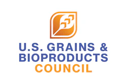 U.S. Grains & Bioproducts Council logo with orange feather icon and navy blue text